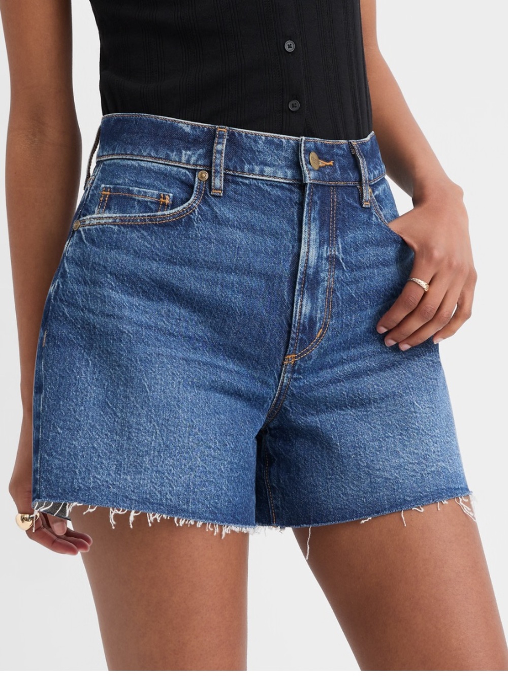 LOFT Rivete Destructed High Rise Curvy Cut Off Denim Shorts in Dark Wash
